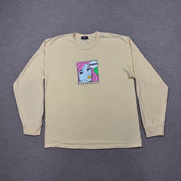 Stussy Graphic T Shirt Men's Size L Yellow Long Sleeve Crew Neck Streetwear - Picture 1 of 7